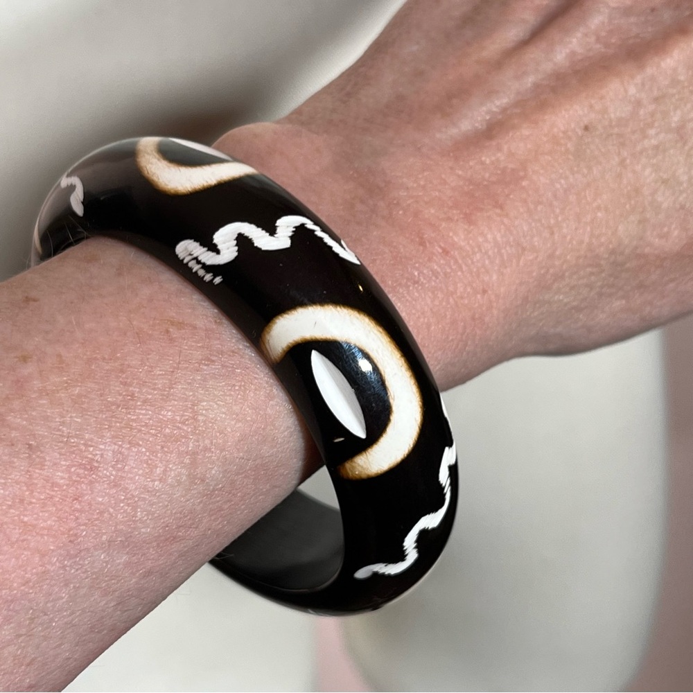 Vintage Black Ebony Wood Carved ethnic Wide Bangle bracelet